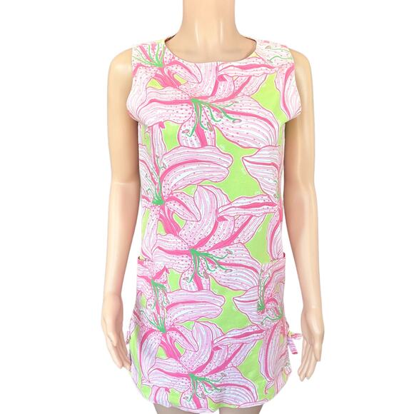 Lilly Pulitzer Dresses & Skirts - Lilly Pulitzer 90s Sleeveless Lime Green & Pink Hibiscus Cotton Shift Dress Sz 8